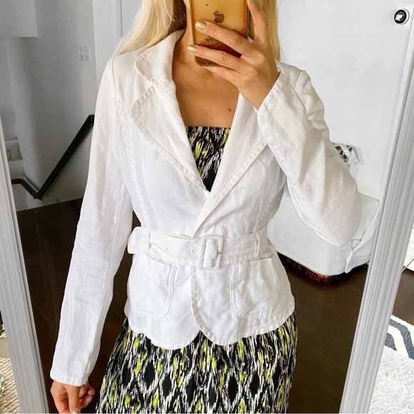 🐚 H&M WHITE LINEN BELTED BLAZER JACKET! - Picture 1 of 14